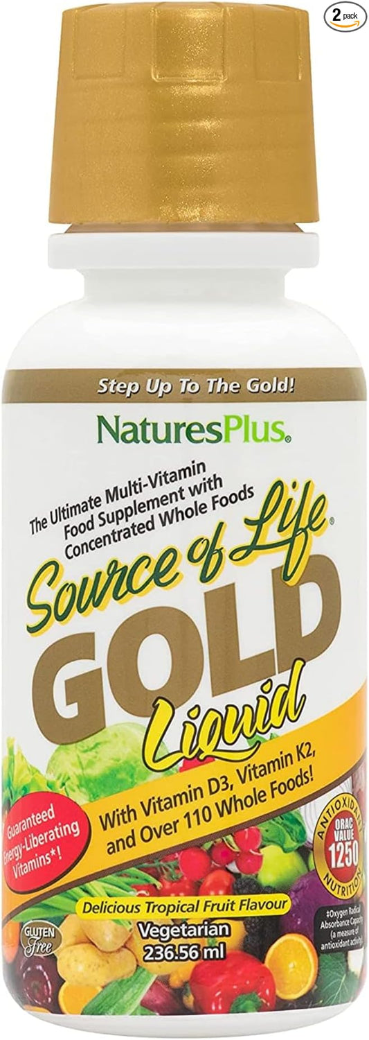 Natures Plus Source of Life Gold Multivitamin Liquid - 8 fl oz, Pack of 2 - with Vitamins D3, B12 & K2 - Vegetarian & Gluten Free - 16 Total Servings