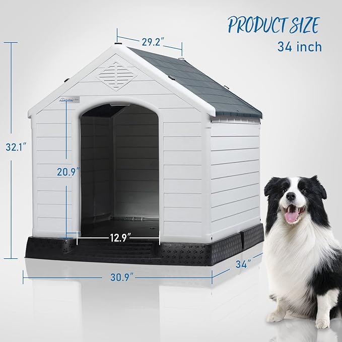 PUKAMI Plastic Dog House Outdoor Indoor,Durable Dog House for Small Medium Large Dogs,Waterproof Dog Houses with Elevated Floor and Air Vents,Ventilate & Easy Clean and Assemble (Grey, 34inch)