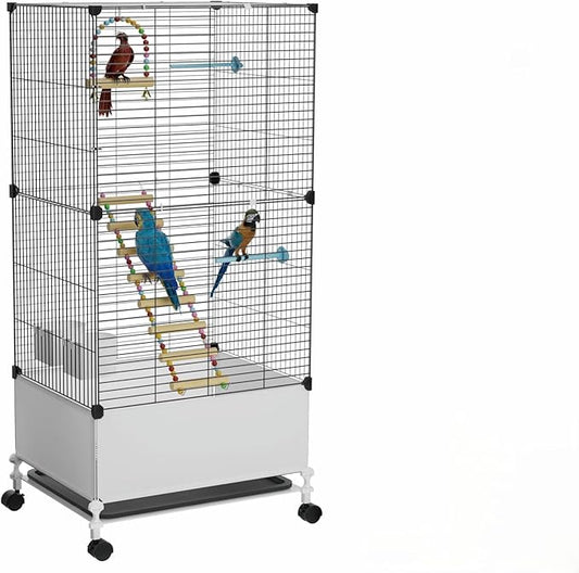 Big Flight Bird Cage, Black Parakeet Cages with Rolling Stand & Wheels, Wide Birdcage for Parrots Cockatiels Conure Budgie Canary Finch Lovebird