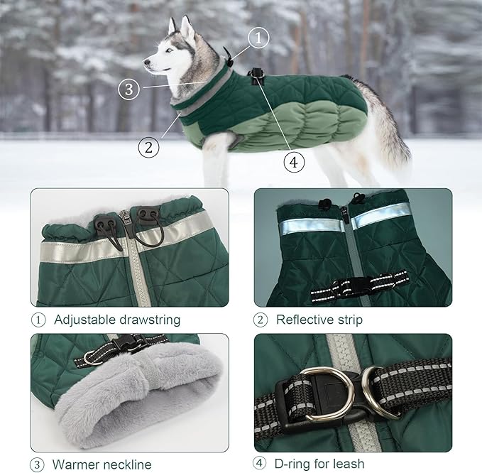 Lelepet Dog Coat Warm Dog Winter Coat Waterproof Dogs Jacket with Harness Built in Reflective Pet Fleece Vest Zip-Up Cold Weather Coats for Large Dogs Turtleneck Windproof Coats Pitbull Teal Green 2XL