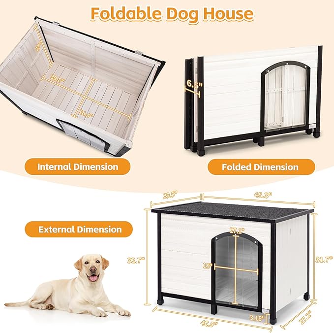 Petsfit 45.3" Large Dog House, Folding Dog House Outdoor, Unfold to Use, No Tools Required Assembly, Weatherproof Outside Dog House with Door Flap (Large, White)