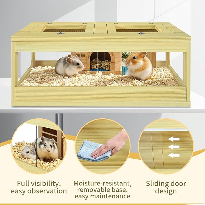 Large Hamster Cage, Solid Wood Gerbil Cage, Chewproof Hamster Cages and Habitats, Sliding Doors, Top Ventilation Window, Guinea Pig Cages for Small Animals, Dwarf, Syrian, Mice, 36" x 18" x 12"