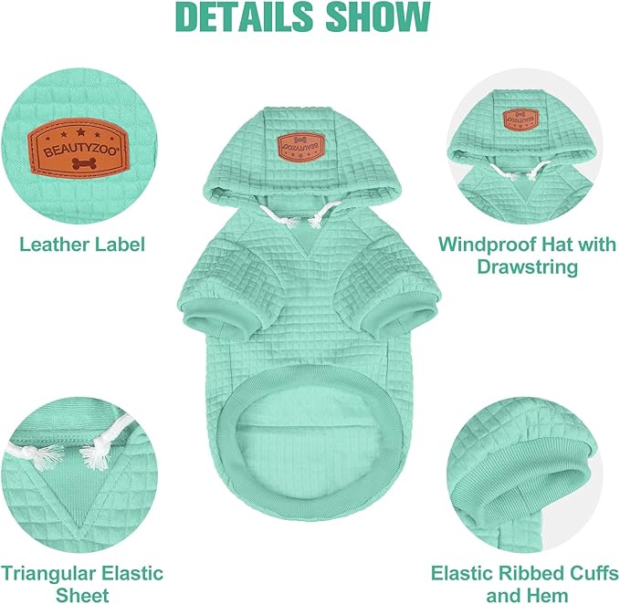 BEAUTYZOO Small Dog Hoodie Sweater with Pockets, Dog Clothes for Small Medium Dogs Boy Girl, Waffle-Like Laminated Cotton Pet Coats with Hat and Leash Hole, Mint Green XS