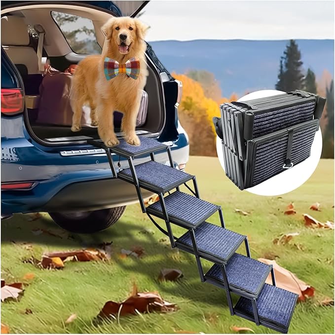 Dog Ramp for Car Truck and SUV Dog Stairs for Large Dogs Folding Pet Stairs with Non-Slip Rug Surface Supports Up to 250 lbs (6 Steps)