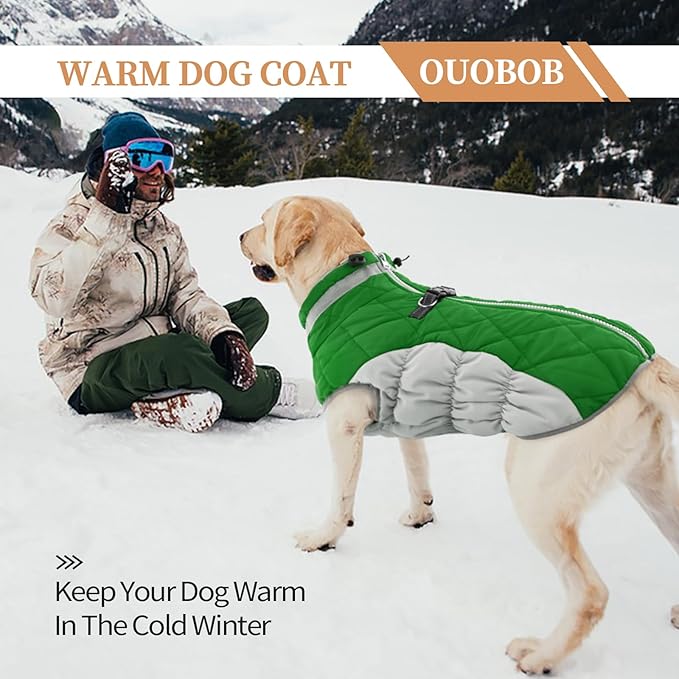 Large Dog Coat, XXLarge Dog Winter Coat, Waterproof Pet Jacket with Back Zipper,Extra Large Pet Coats, Warm Fleece Jacket with D-Ring, Windproof Winter Clothes Golden Retriever,Green,XXL