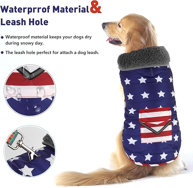 Dog Coat, Waterproof Dog Winter Jacket with Pocket, Reflective Adjustable Pet Snow Vest, Warm Cozy Fleece Sweater for Small Medium Extra Large Dogs - American Flag, 2XL
