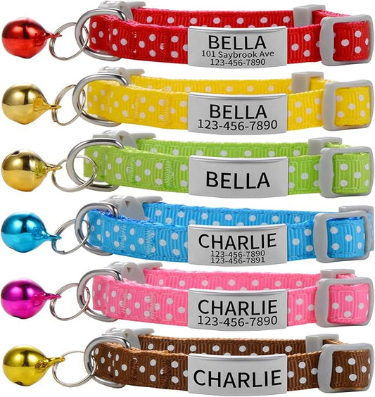 Custom Breakaway Cat Collars with Bell - Engraved Stainless Steel No Noise Slide-On Identification Tags On Collar - Up to 3 Lines of Personalized Text (Polka Dot Print)