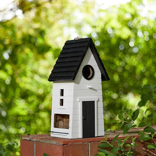 Glitzhome Modern Hand Painted Hanging Bird House for Outside,14.25"H Large Bird Houses for Outdoor,Functional and Decorative Solid Wood Cottage Garden Birdhouse for Bluebird,Chickadee,Wren Finch-White