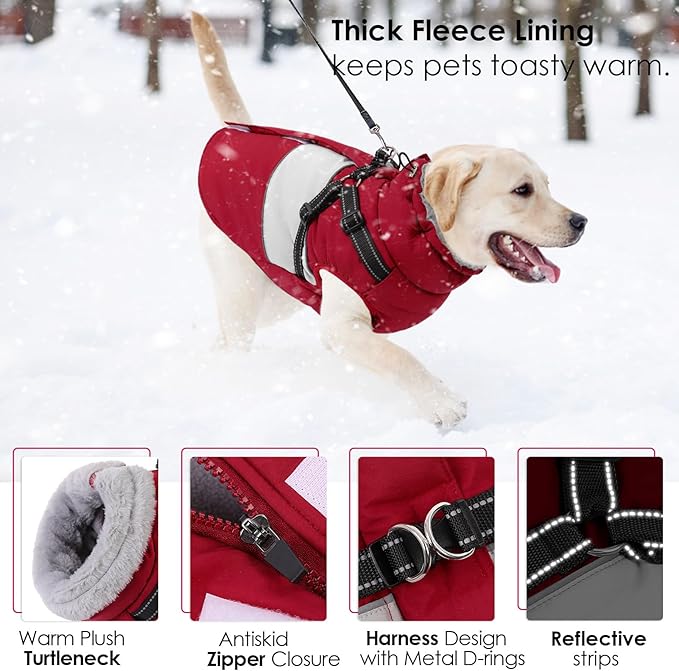 AOFITEE Dog Coat, Large Dog Jacket, Dogs Coat with Harness Built in, Reflective Waterproof Dogs Jackets Winter with Furry Collar, Warm Polar Fleece Pet Sweater Snowsuit for Doberman, Great Dane XXXL