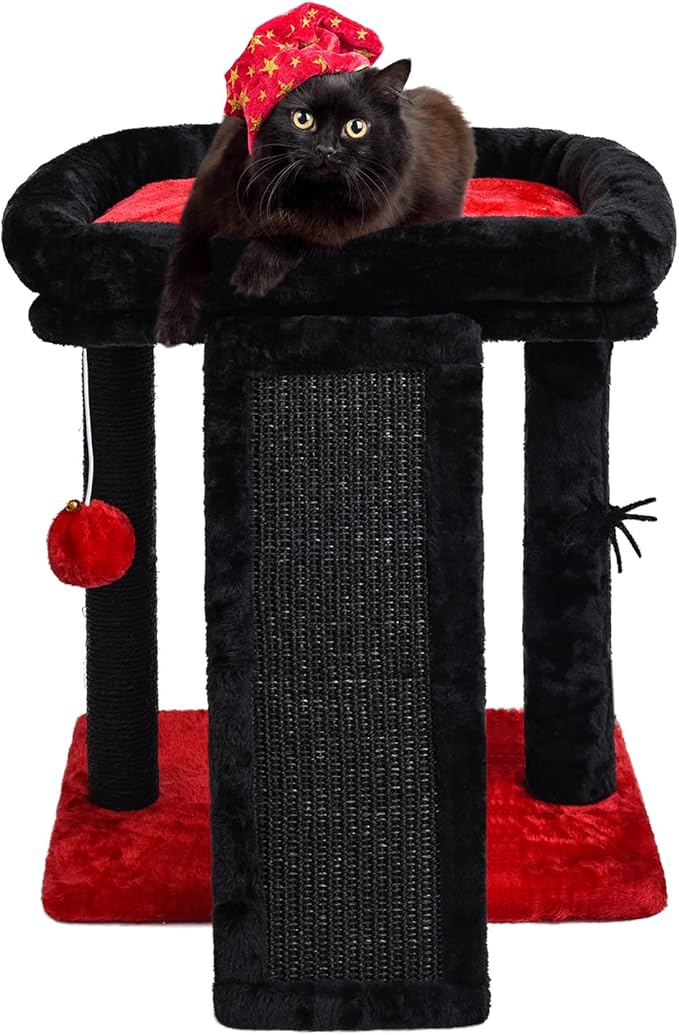 SYANDLVY Small Gothic Cat Tree for Indoor Cats, Scratching Board with Perch, Cat Scratching Post for Adults, Cat Post Scratcher, 2 Dangling Balls Great for Kittens