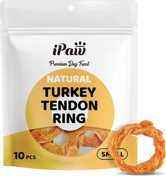 iPaw Turkey Tendons for Dogs, 100% Turkey and US Sourced Raw Material, Hypoallergenic, All Natural Human Grade Puppy Chew, Rawhide Alternative Dog Treats, 10 Units/Bag Ring (Small)