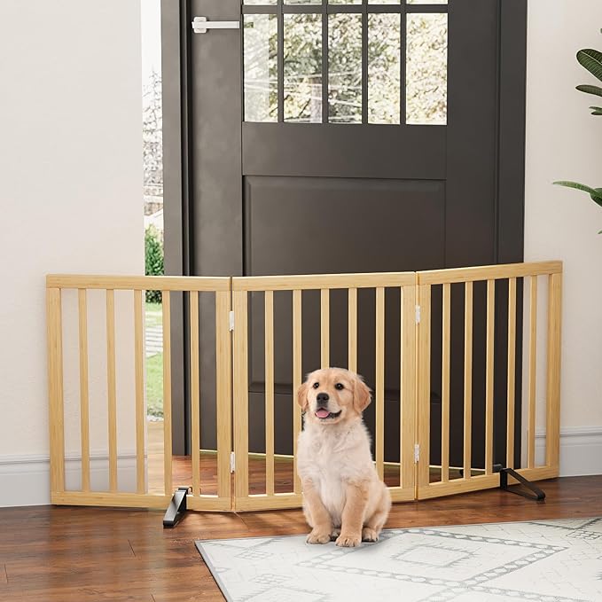 Dog Gate, Freestanding for Doorways, Indoor, Pet Gates for Bedroom, 3 Panels (Natural)
