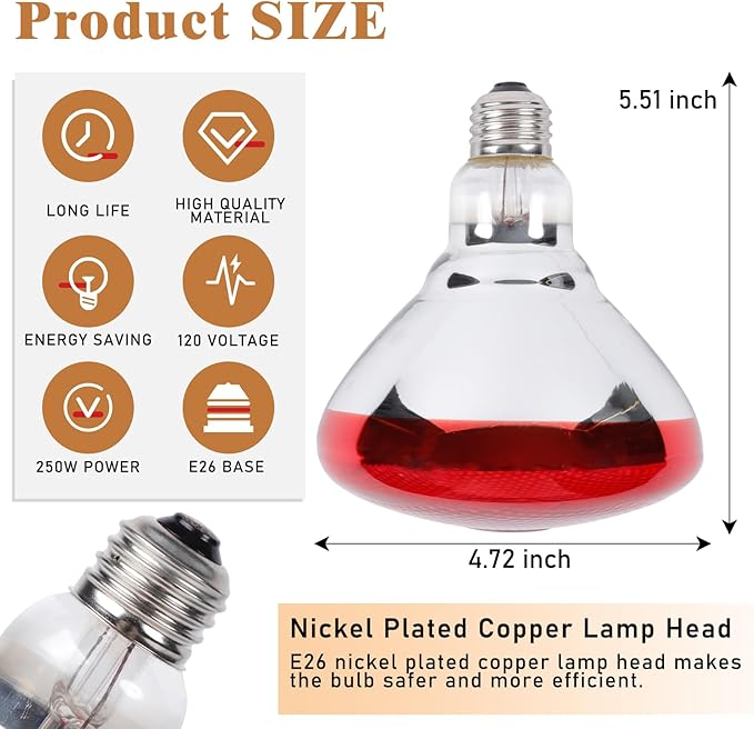 250W Red Heat Lamp Bulbs for Chicken,Infrared Flood Light Heat Lamp Bulb, Incandescent Light Heat Lamps for Chicks, Reptile, Pets, Par38 Glass E26 Base