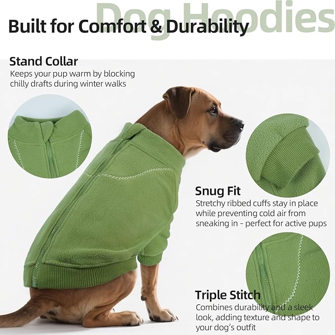 QBLEEV Dog Hoodie for Small Medium Large Dogs, Soft Fleece Pullover Dog Sweatshirt with Zipper, Winter Warm Hooded Sweatshirt Clothes for Daily Wear, Pet Cold Weather Clothing, Green, M