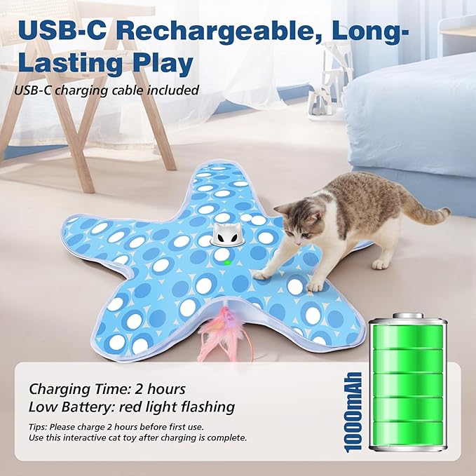 Interactive Cat Toys for Indoor Cats, Rechargeable Hide and Seek Cat Toy with Moving Concealed Feathers, Touch Activated Kitten Toys Cat Exercise Toys, Blue White Cover