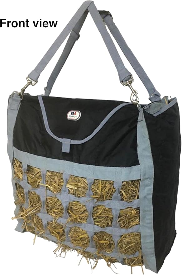 Majestic Ally Animal Health Hay Bag for Horses, 2.5" Holes, Top Load, Travel Feeder, Reduces Waste, 1 Year Warranty, Multiple Colors (Gray-Black)