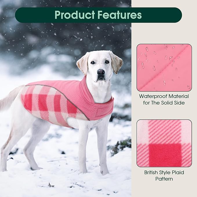 Kuoser Dog Winter Coat, Reversible Waterproof Dog Jacket with Reflective Strip, Warm Dogs Fleece Vest Adjustable Doggy Cold Weather Clothes Plaid Christmas Outfit Pet Apparel for Small Dogs, Pink XS
