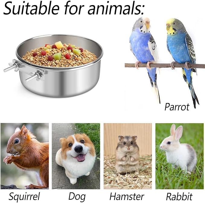 2 Pcs Stainless Steel Bird Food Water Bowls, Parrot Feeding Dish Cups with Clamp Holder Bird Ball Toys for Chinchilla, Cockatiel, Conure, Budgies, Parakeet, Lovebird, Small Animals (Small+Medium)