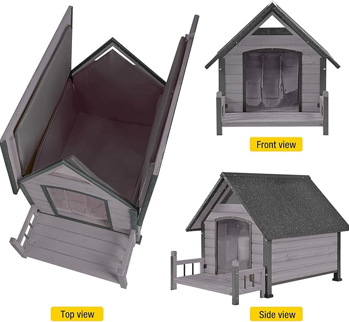 Dog House Outdoor, Insulated Dog Kennel Outside for Large Breed, 50.87" L Weatherproof Large Dog Shelter with Anti-Chewing Iron Frame (Grey, 45" D x 32.9" W x 32.6" H)