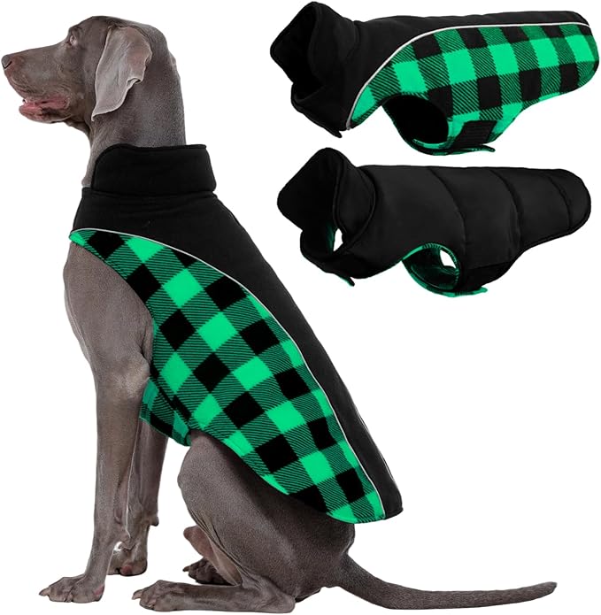 Kuoser Dog Winter Coat, Reversible Waterproof Dog Jacket with Leash Hole, Warm Dogs Fleece Vest Adjustable Doggy Cold Weather Clothes Plaid Christmas Outfit Pet Apparel for Extra Large Dogs, Green 3XL
