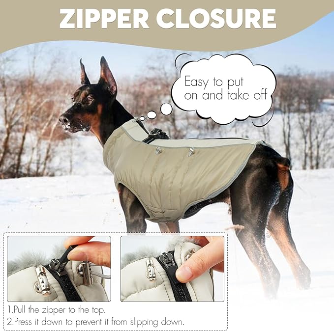 IDOMIK Warm Dog Coat with Harness Built-in, Thick Fleece Dog Winter Jacket with High Collar&Zipper, Waterproof Reflective Dogs Cold Weather Coats for Large Dogs, Pet Snow Jacket Vest(Apricot,XL)