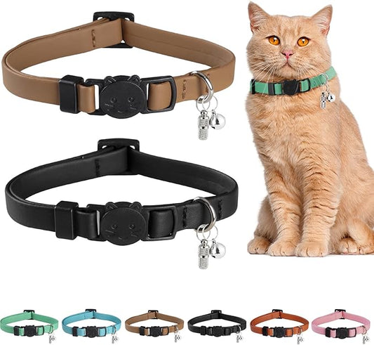 Upgrade Breakaway Cat Collar with Bells, Soft Leather Kitten Collars with Name Tag,Safety Adjustable Buckle,Lightweight,Ideal for Girl Boy Cats, Black+Brown