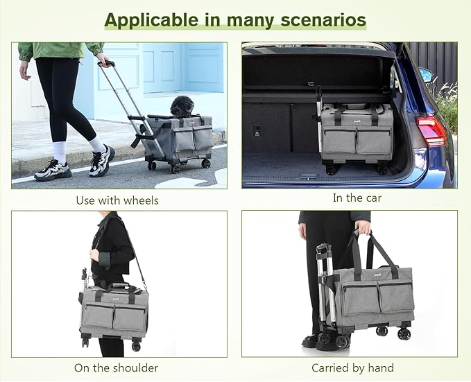 Pecute Cat Carrier with Wheels,Steel Wire Frame Cat Carrier, Stable Pet Trolley Bag for Cats, Pet Handbag and Stroller, Portable Cat Carrier Bag for Car Travel Bus Subway, Grey