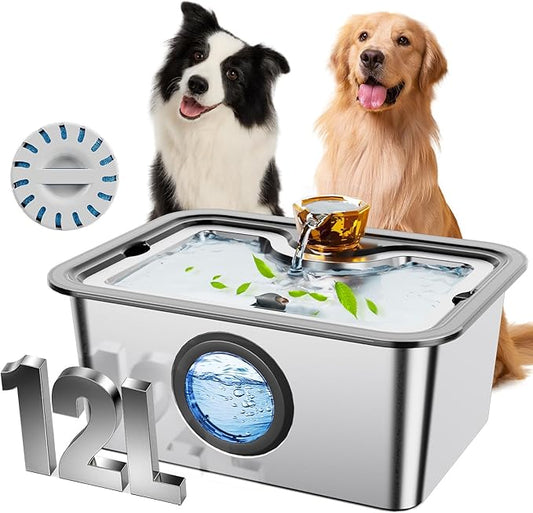 Dog Water Fountain for Large Dogs Stainless Steel 3 Gallon Big Pet Drinking Fountain with Filter, Electric Cat Watering Dispenser with Large-Filtration Area & Deeper Drinking Super Quiet