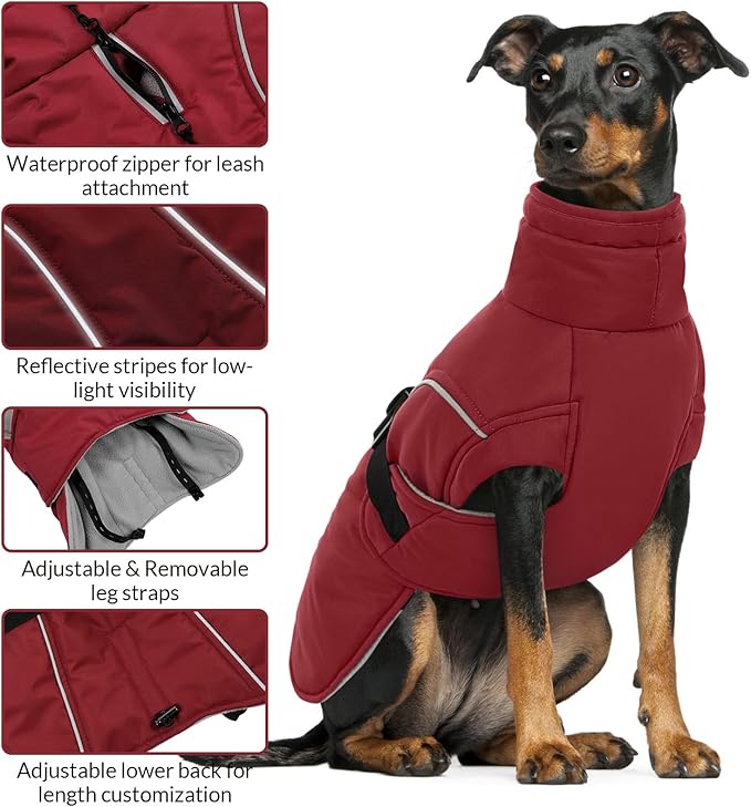 Queenmore XXL Dog Coat, Winter Jacket for Large Dogs, Waterproof Puffy Snowsuit, Adjustable Reflective Fleece Lining Warm Padding Parka for Cold Weather, Red 2XL
