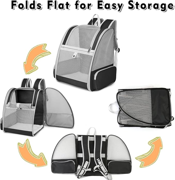 Cat Backpack Carrier, Large Pet Backpack with Kitten Wand Feather Toy for Medium Small Dog Cat Puppy Kitty Bunny up to 15lbs, Ventilated Mesh Dog Travel Carrier for Hiking Walking Outdoor Use (Black)