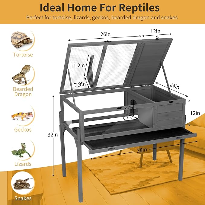 GEGURI Tortoise Habitat Indoor & Outdoor, Wooden Tortoise House with Detachable Legs, Reptile Cage for Small Animals
