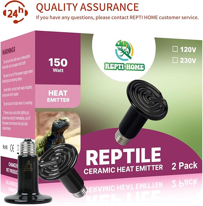 150W Ceramic Heat Emitter (2 Pack), Reptile Heat Lamp Bulbs, Ceramic Heater for Amphibian, Pet Brooder Coop, Chicken, Dog, Cat