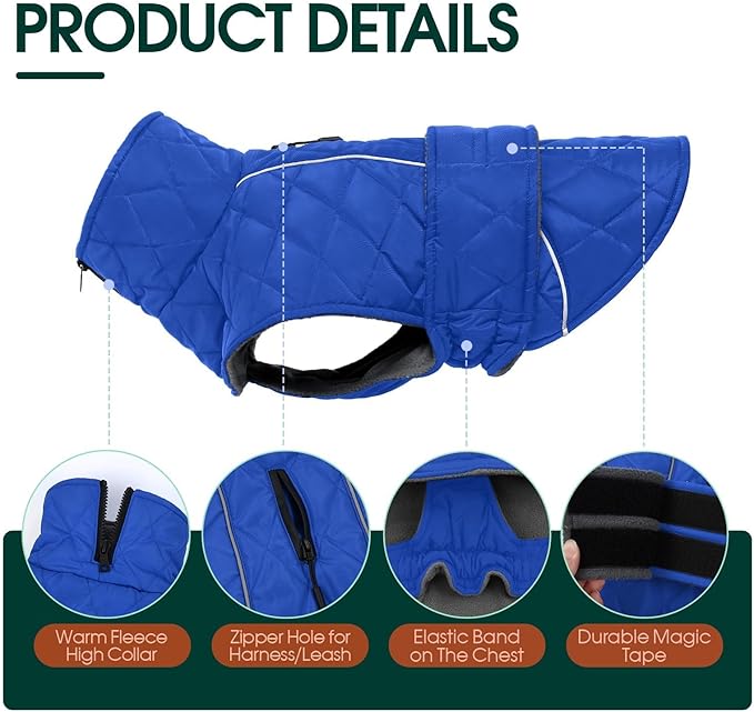 Kuoser Dog Coat, Extra Warm Dog Jacket Windproof Dogs Cold Weather Coats for Small Dogs, Fleece Lining Turtleneck Doggy Snowsuit Reflective Adjustable Pet Winter Clothes Christmas, Blue S