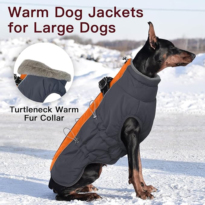 Medium Dog Winter Jacket, Warm Zip Up Snowsuit Dog Harness Vest, Reflective Water-Resistant Coat for Snow, Orange-Gray