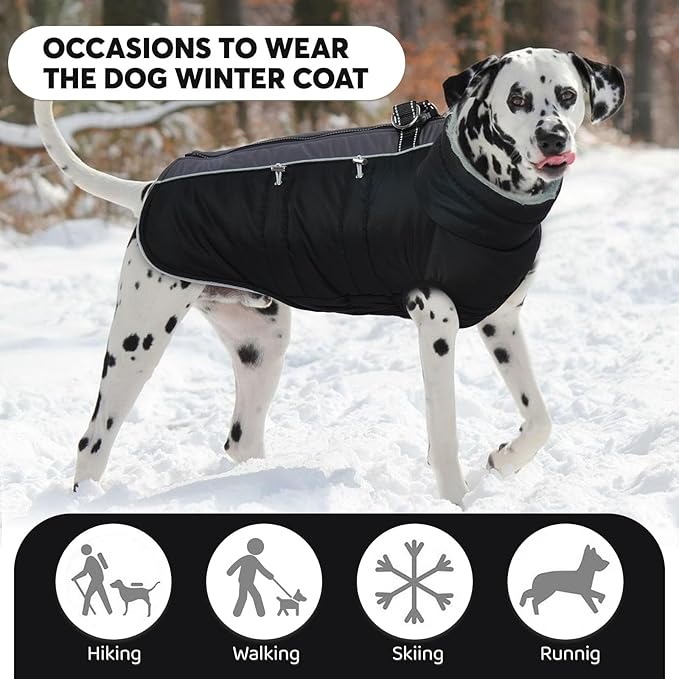 IDOMIK Warm Dog Coat with Harness Built-in, Thick Fleece Dog Winter Jacket with High Collar&Zipper, Waterproof Reflective Dogs Cold Weather Coats for Extra Large Dogs, Pet Snow Jacket Vest(Black,3XL)