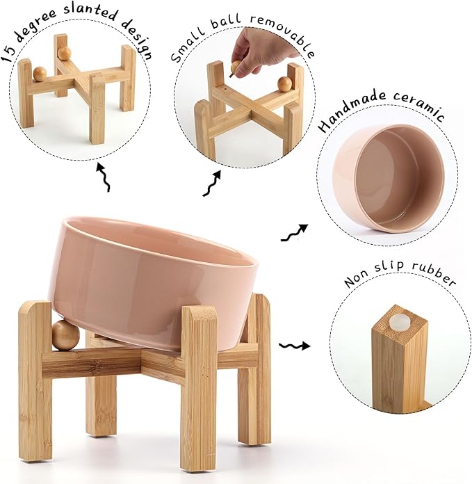 Petygooing Khaki Elevated/Raised 15°Slanted Ceramic Dog Bowl for Small and Medium Breeds, Tilted Anti Slip Pet Feeding Bowl,Food Water Dish with Stand for Cats and Dogs (28 OZ/3.6 Cups)