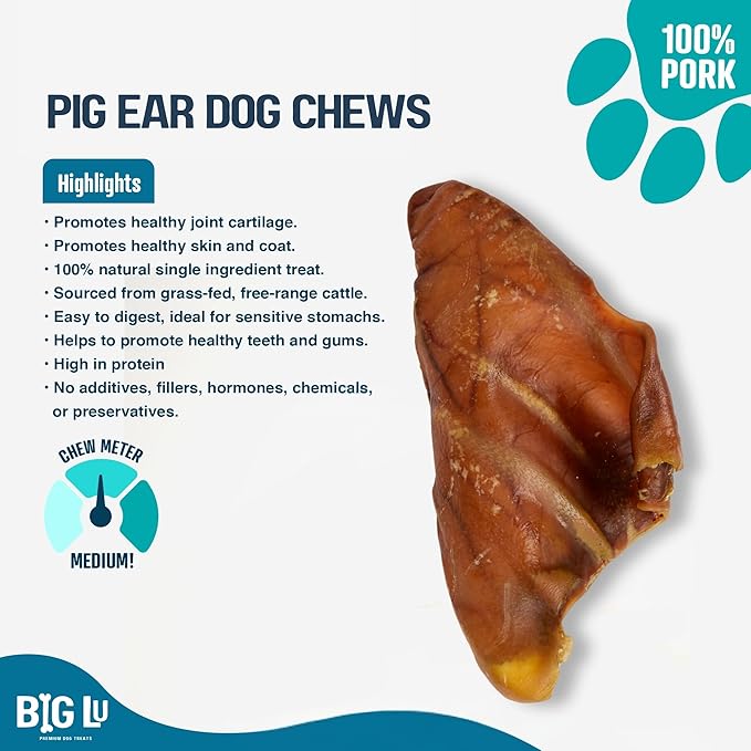 Big Lu – Pig Ear Dog Chews, 12 Count, All-Natural Single-Ingredient Pork Treats, Easily Digestible, Supports Joint Health with Glucosamine and Chondroitin