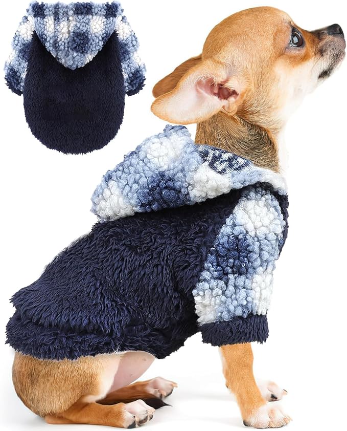 Plaid Dog Hoodie Fleece Dog Sweater for Small Dogs Girl Boy Winter Warm Puppy Clothes for Chihuahua Teacup Yorkie Soft Stretchy Tiny Outfits Cat Sweater Pet Clothing, Blue, Small