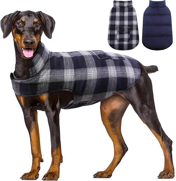 Kuoser Reversible Dog Jacket, Warm Winter Coat for Large Dogs, Warm Windproof Pet Cold Weather Clothes, Blue XXL