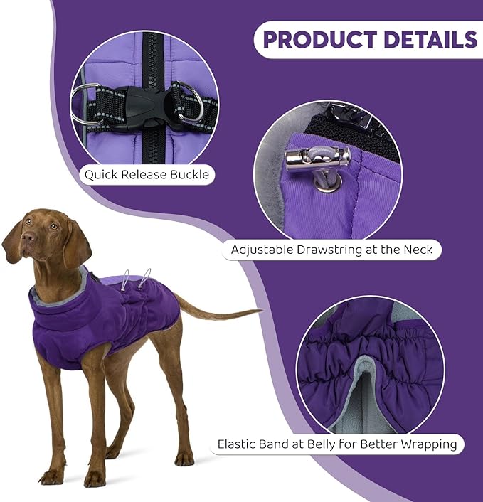 IDOMIK Warm Dog Coat with Harness Built-in, Thick Fleece Dog Winter Jacket with High Collar&Zipper, Waterproof Reflective Dogs Cold Weather Coats for Large Dogs, Pet Snow Jacket Vest(Purple,2XL)
