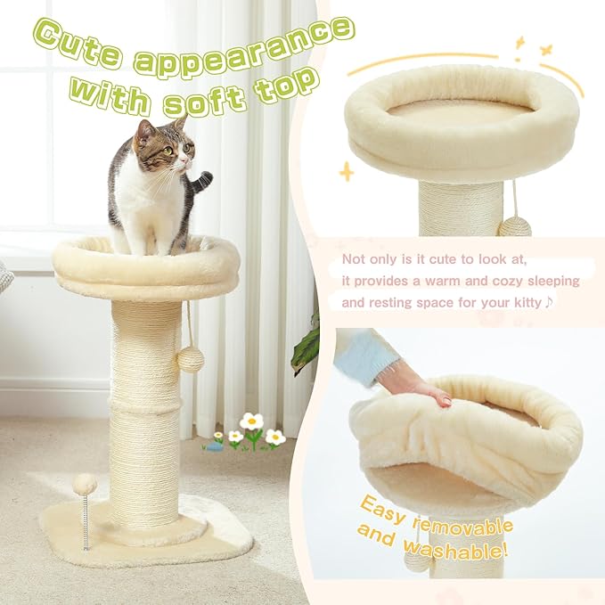 PEQULTI Cat Scratching Post, Tall Cat Scratcher for Indoor Cats with Super Thick Scratching Post [Dia=5.5''], Removable Fluffy Cat Bed, Scratch Post with Spring Ball, Beige