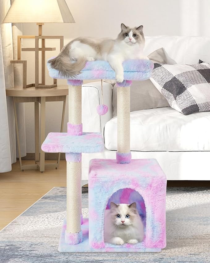 FISH&NAP Cute Cat Tree Kitten Cat Tower for Indoor Cat Condo Sisal Scratching Posts with Jump Platform Cat Furniture Activity Center Play House Rainbow