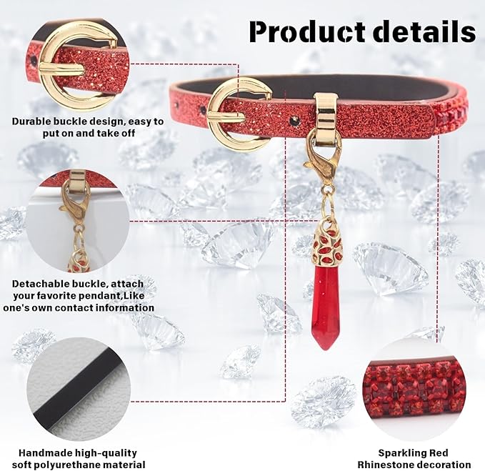 PEARLY JUN Rhinestone Dog Collars for Small Dogs Cat, XS Red Bling Diamond Cat Collar Cute Luxury Crystal Pet Puppy