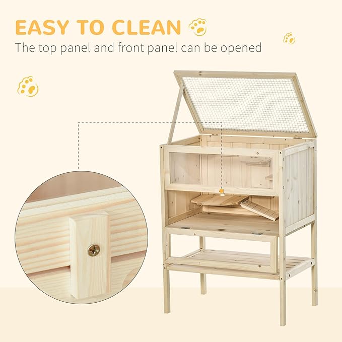 PawHut 3-Tier Wooden Hamster Cage Mice and Rat Cage Small Animals Hutch with Openable Top, Front Door, Storage Shelf, Natural Wood