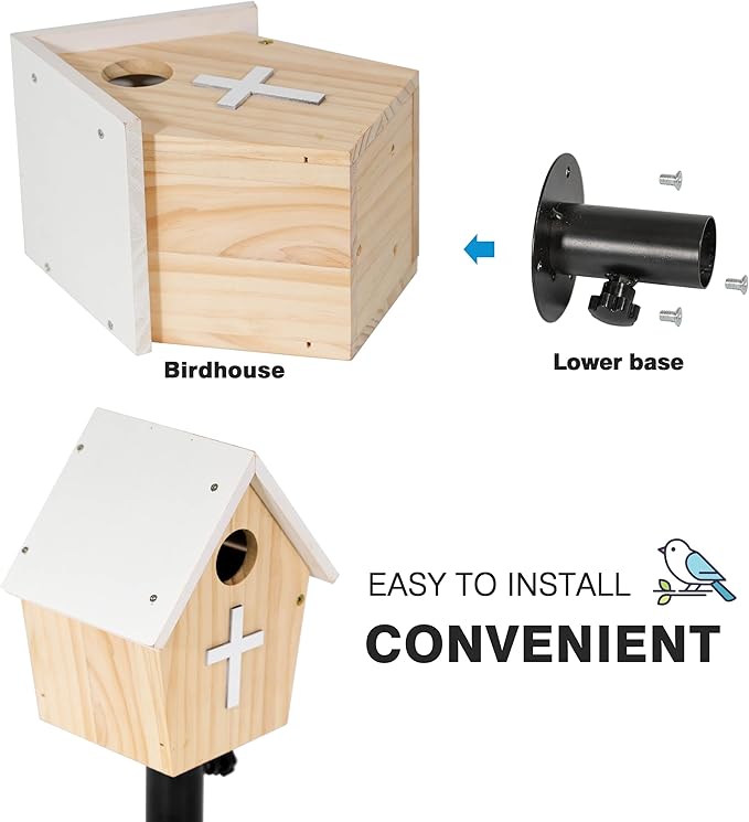 Church Style Large Bird House for Outdoor with Metal Tube, Thicken Wooden Hanging Birdhouse with Clear View Panel Clear View Panel Predator Guard Nesting Box for Swallow Wren Chickadee