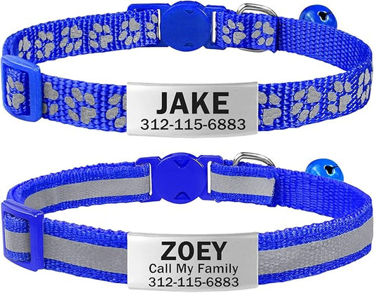 TagME 2 Pack Cat Collar with Name Tag, Personalized Reflective Cat Collar Breakaway with Bell for Boy & Girl Kitten, NavyBlue