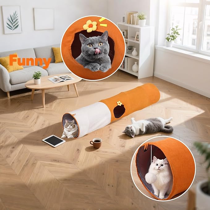 Cat Tunnels for Indoor Cats,Collapsible Crinkle Pet Toy with 3 Holes & Balls,9.8in x 37.5in/47.2in Orange Play Tube for Kittens,Rabbits,Guinea Pigs & Ferrets (9.84inx31.5in)