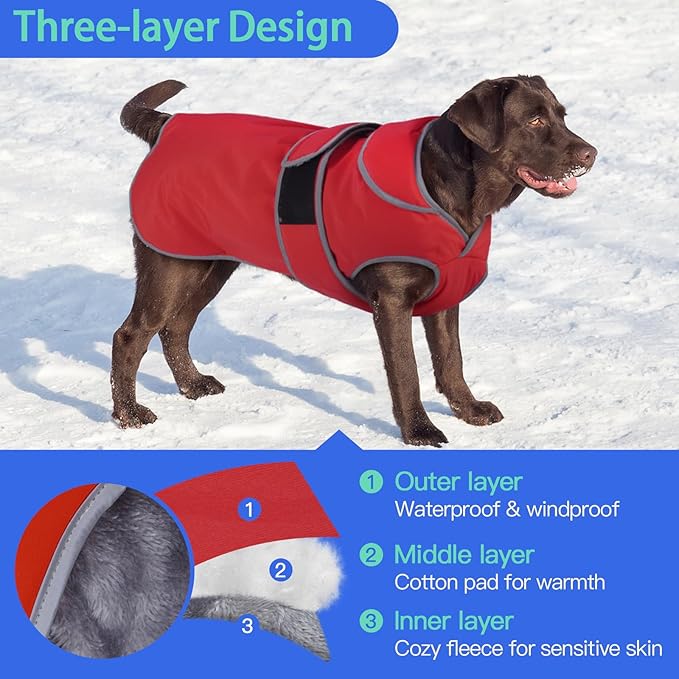 MIGOHI Reflective Waterproof Dog Coat, Medium, Red, Fleece Lined, Stormguard