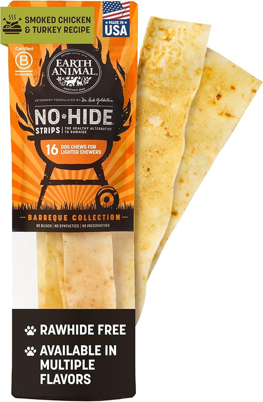 Earth Animal No Hide Strips Barbeque Smoked Chicken & Turkey Flavored Natural Treats | No Rawhide | Quick & Thin Dog Chews - 16 Count