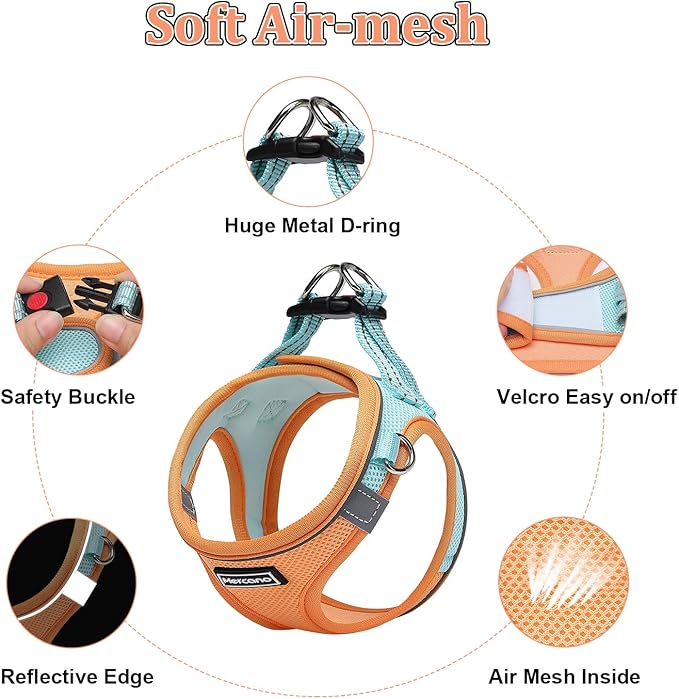Mercano Soft Mesh Dog Harness and Leash Set, No-Chock Step-in Reflective Breathable Lightweight Easy Walk Vest Harnesses with Safety Buckle for Small Dogs, Cats (XXS, Orange Blue)